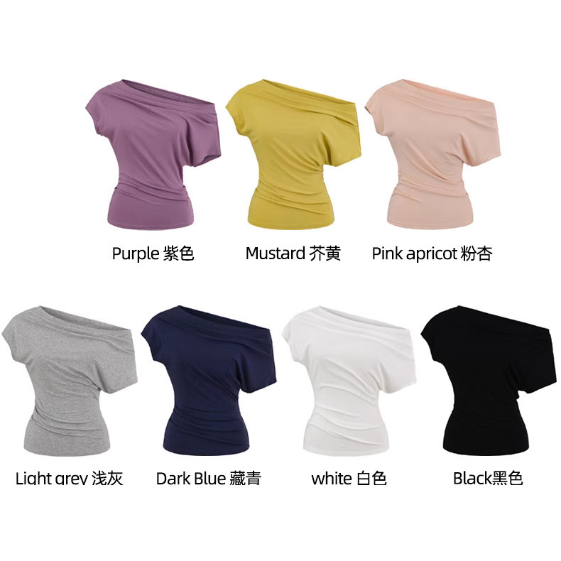South Korea Elegant off-shoulder Oblique Collar Tight Waist Elastic Slim-fit Short-sleeved Top Women's Summer 25 Shoulder Pleated Short-sleeved T-shirt