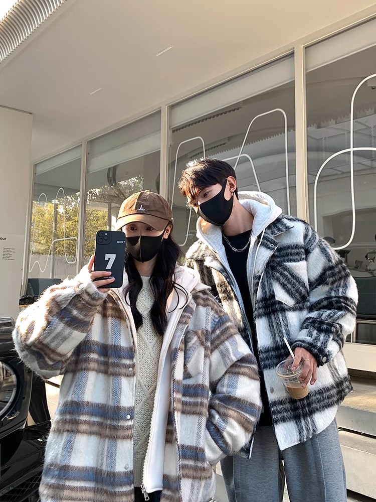 Abrigo a cuadros de dos piezas falso americano para hombres, otoño e invierno, nueva marea nacional, chaqueta acolchada de algodón con capucha de lana retro gruesa y cálida