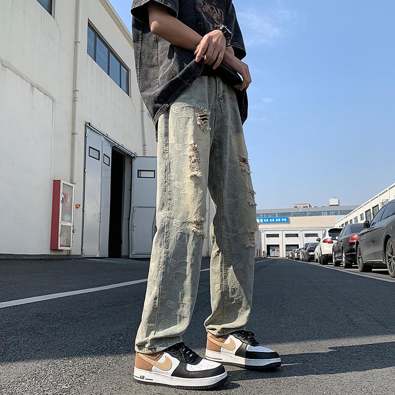 Summer ripped jeans men's Harajuku Hong Kong style loose personality trendy bf casual all-match wide-leg mop long pants