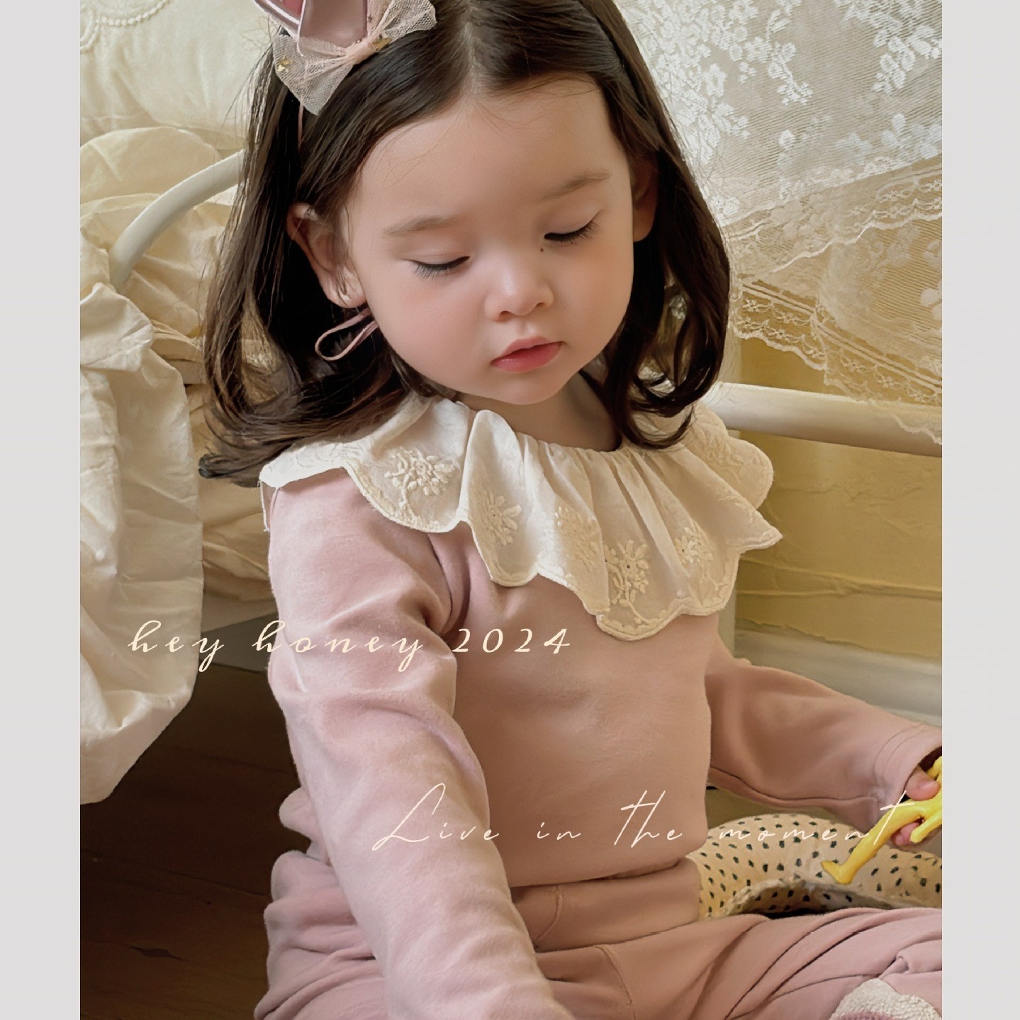 Hey honey girls' lace-trimmed loungewear set, solid color, cute and stylish.