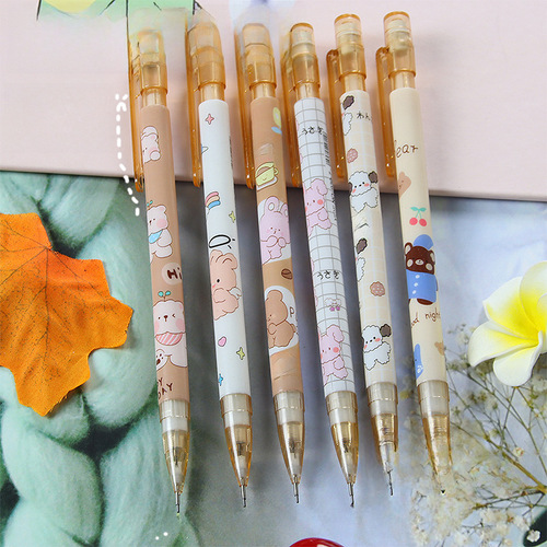 High-quality automatic pencil, cute student stationery, activity pencil, cartoon bear and rabbit, refillable lead, drawing push pencil