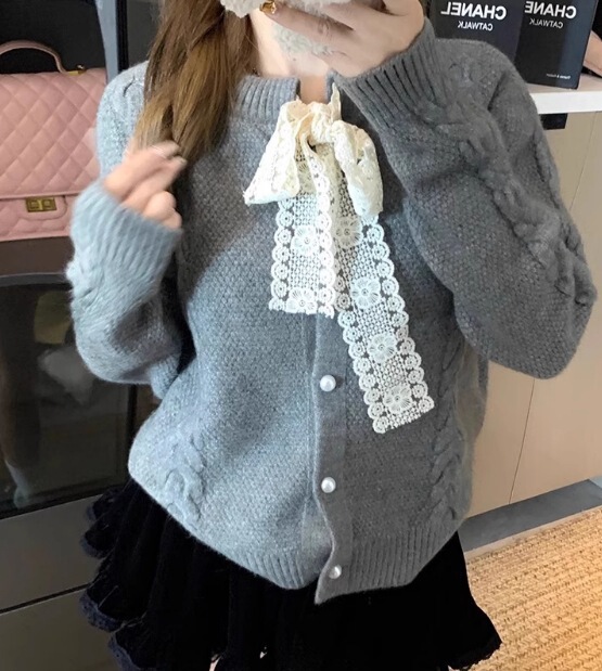 2025春秋新款蝴蝶结法式温柔风甜美气质圆领单排扣毛衣女针织开衫|undefined