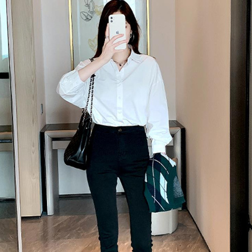 Basic long-sleeved white shirt for women, new versatile basic workwear, can be layered, retro-style women's shirt