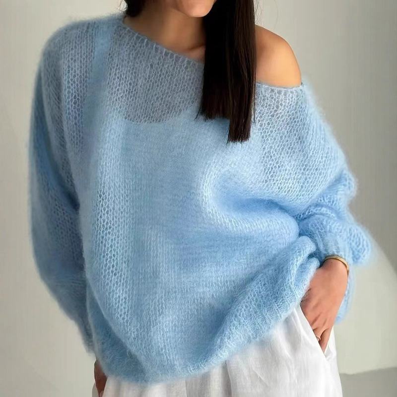 European and American Cross-Border Amazon 2025 Spring and Autum Casual Versatile Gentle Style Thin Cut Out Breathable Knitted Blouse