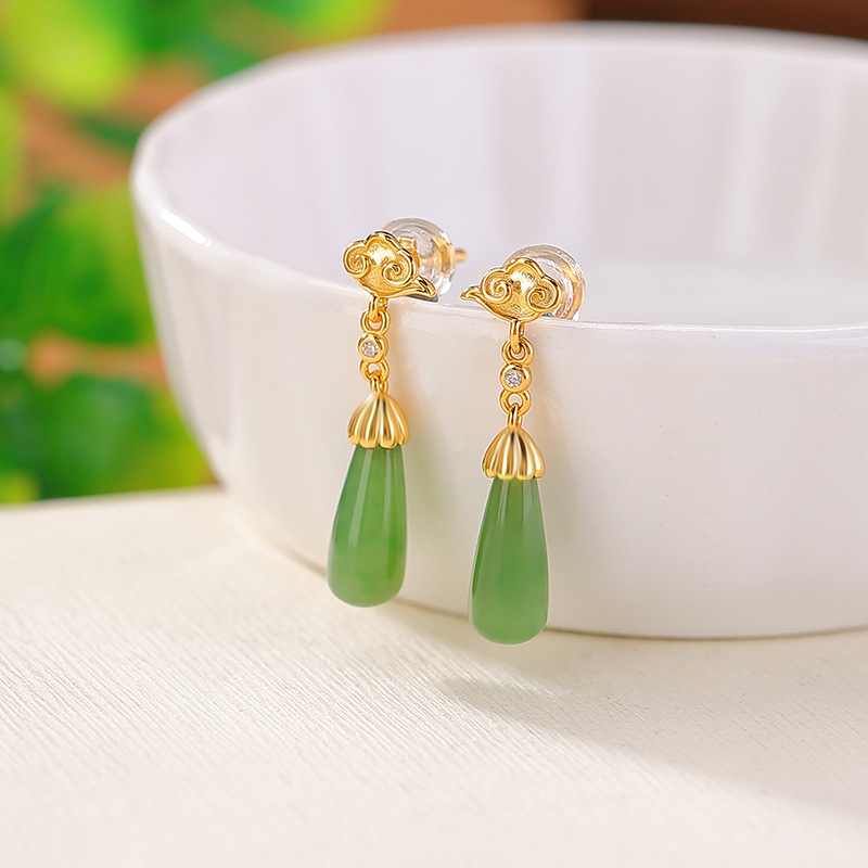 Khuyên tai nữ bạc S925 mạ vàng đính đá ngọc bích hình mây lành — Kiểu màu bạc