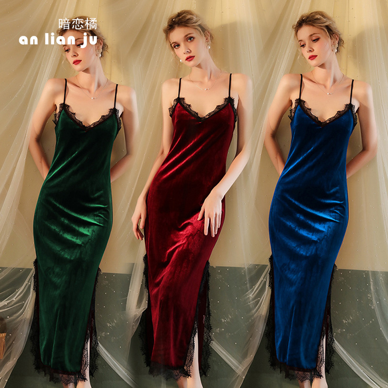 Feiyun nuevo sexy pijama de encaje de terciopelo en V profundo camisón de tirantes privado traje de servicio a domicilio largo en nombre de 137