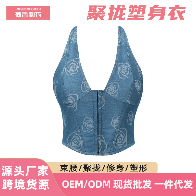 New Retro Blue Denim Printed Tunic Hanging Neck Sexy Low-cut Palace Shaping Top Women's E-commerce Wholesale