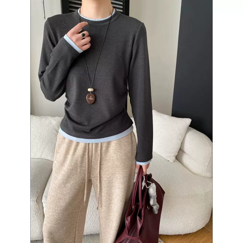 司南 万搭推荐 设计感褶皱收腰假两件撞色拼接T恤打底衫 SN8344