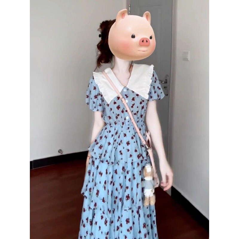 French-Style Navy Collar Blue Floral Dress for Women, Summer 2026 New Popular Style, Petite Elegant Tiered Long Dress