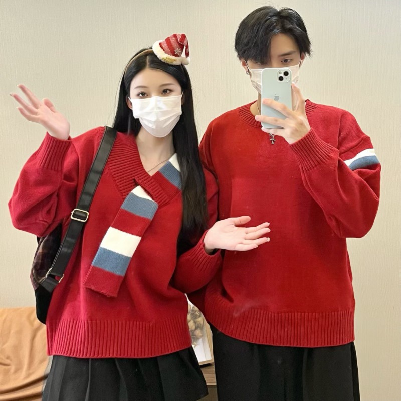 커플 새해 가을 겨울 크리스마스 빨간 니트 스웨터 토스트 두꺼운 스웨터
