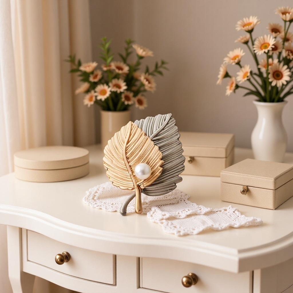 Broche minimaliste double feuille érable perle éclat luxe_voghion.com