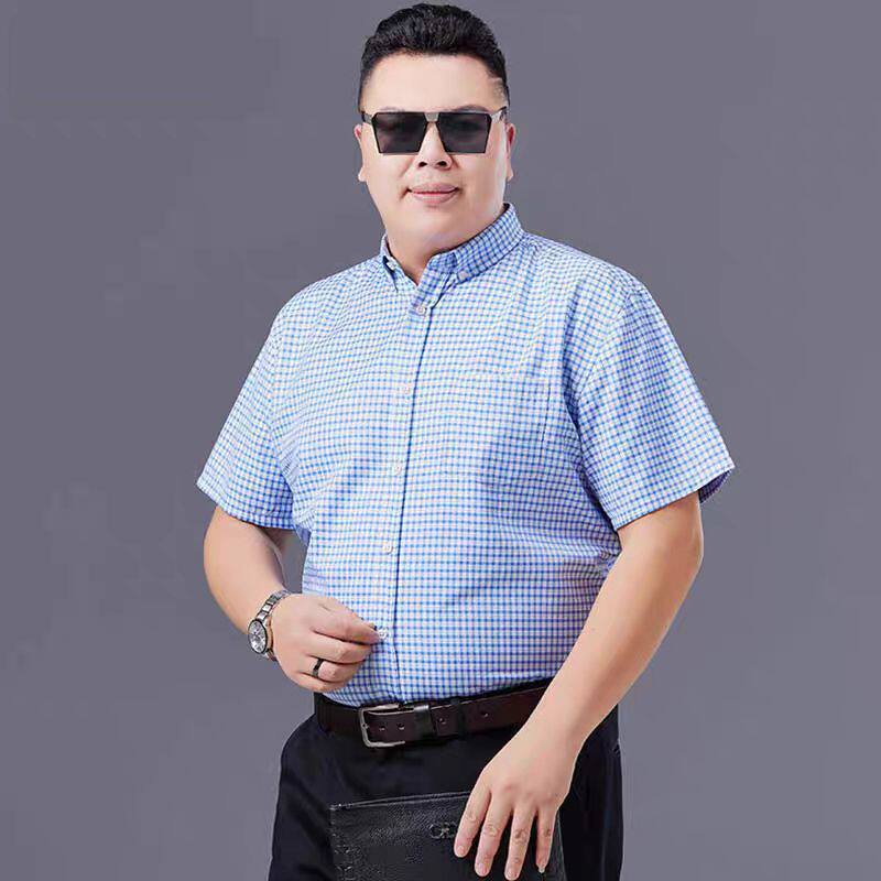 Cross-Border Plus-Size Short-Sleeve Shirt for Men, Extra Large Size for Big and Tall Individuals, Summer Plaid Shirt, Summer Cotton Top for Overweight Men