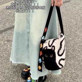 2025韩系慵懒风帆布包大容量松弛感帆布猫猫单肩斜挎包设计感小众