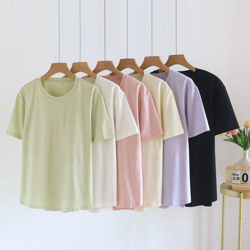 Summer Pure Cotton Pajamas with Breast Pads, Women's Short-Sleeved Tops, Thin Lycra Cotton Round-Neck Home Clothes, Simple Outerwear, Large Size Summer Pure Cotton Pajamas with Breast Pads, Women's Short-Sleeved Tops, Thin Lycra Cotton Round-Neck Home Clothes, Simple Outerwear, Large Size