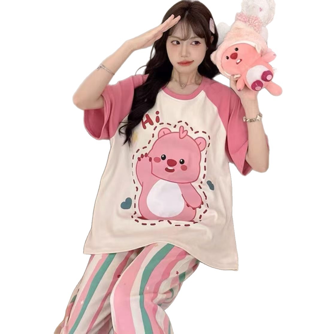 2025 pijamas de mangas cortas de mujer pantalones largos de verano delgados dibujos animados casuales lindos ropa de casa de viento rojo se puede usar fuera