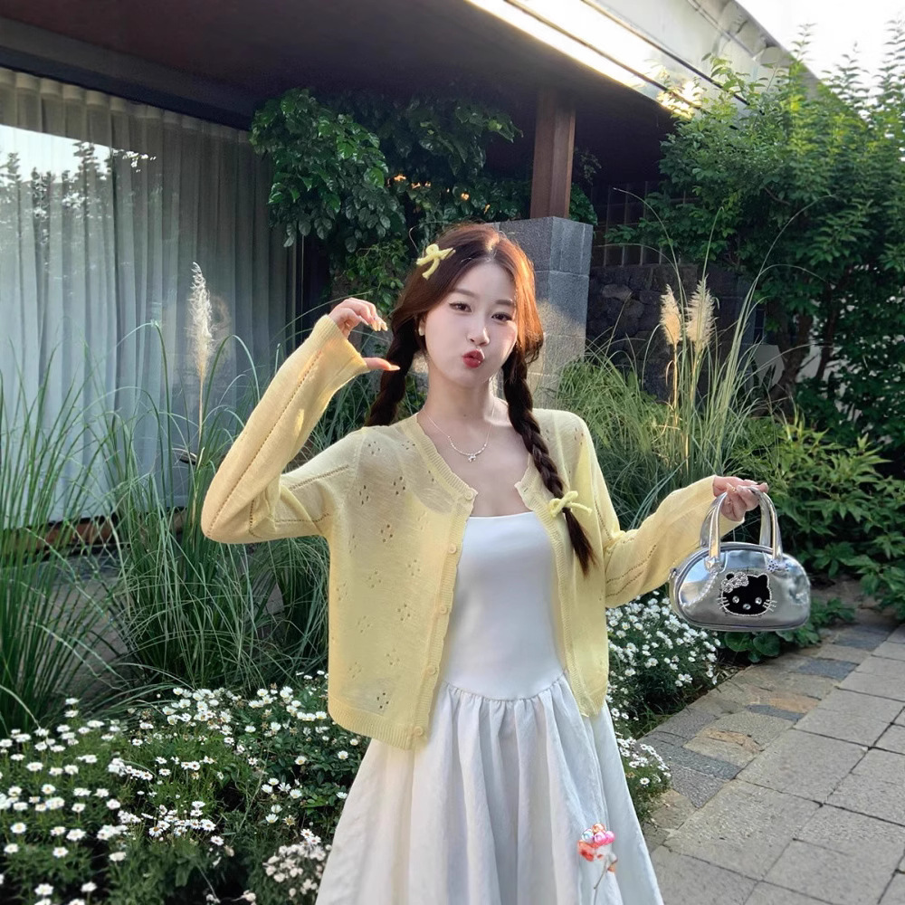 Korean Style Cut Out Cardigan with Suspenders for Women Summer 2025 New Ice Silk Outer Blouse Knitted Jacket Top