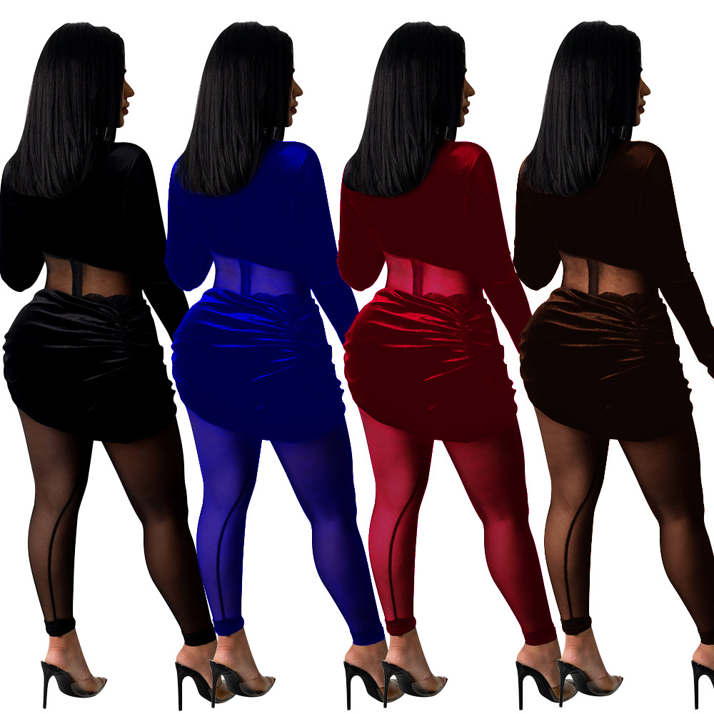 Women's fashion sexy mesh velvet splicing solid color jumpsuit_voghion.com