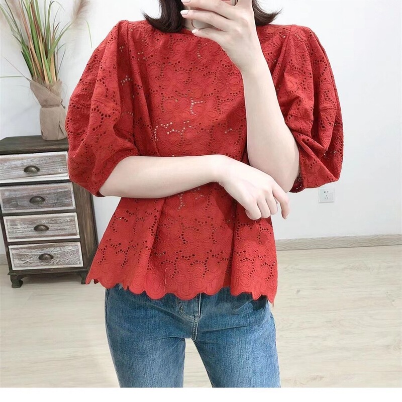 White Short Babydoll Top for Women, Summer Versatile Hollow-Out Loose Puff Sleeve Lace Blouse, Korean Style Slimming