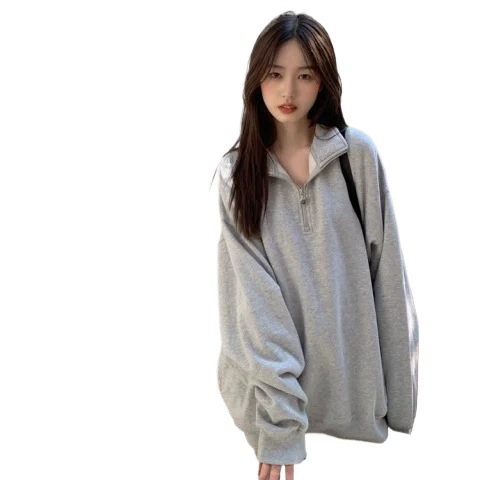 Colored long sweatshirt with zipper, high collar, mid-length