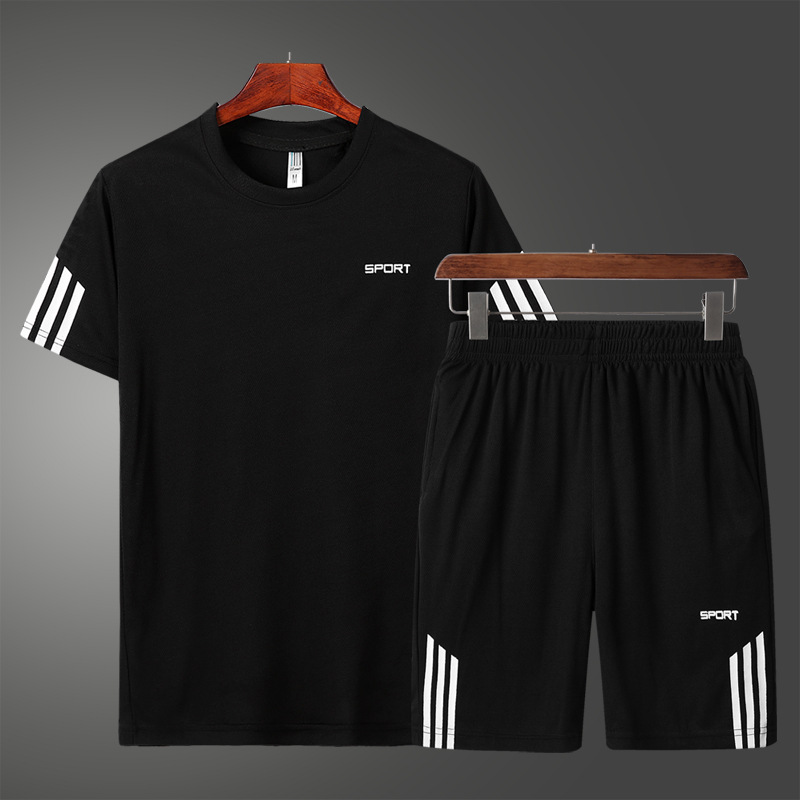 Trajes deportivos para hombres, hielo, correr, secado rápido, ropa de hombre, pantalones cortos de mangas cortas con una hermosa malla, un conjunto completo de ropa de verano.