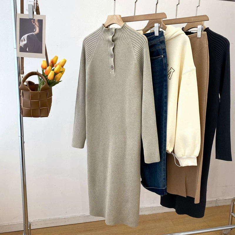 Осенне-Зимний новый корейский стиль половина водолазки утолщенные ямы текстуры рукав реглан вязаное платье свитер платье 8079