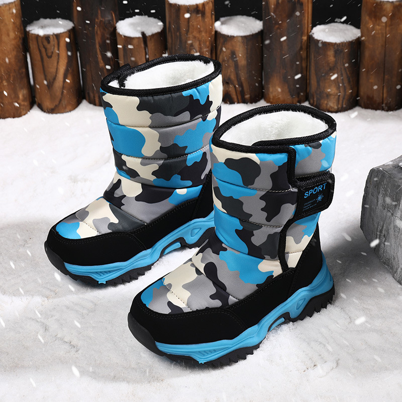 Suministro transfronterizo de botas de nieve para niños en invierno zapatos de algodón cálido con forro polar camuflaje botas de algodón para niños en stock