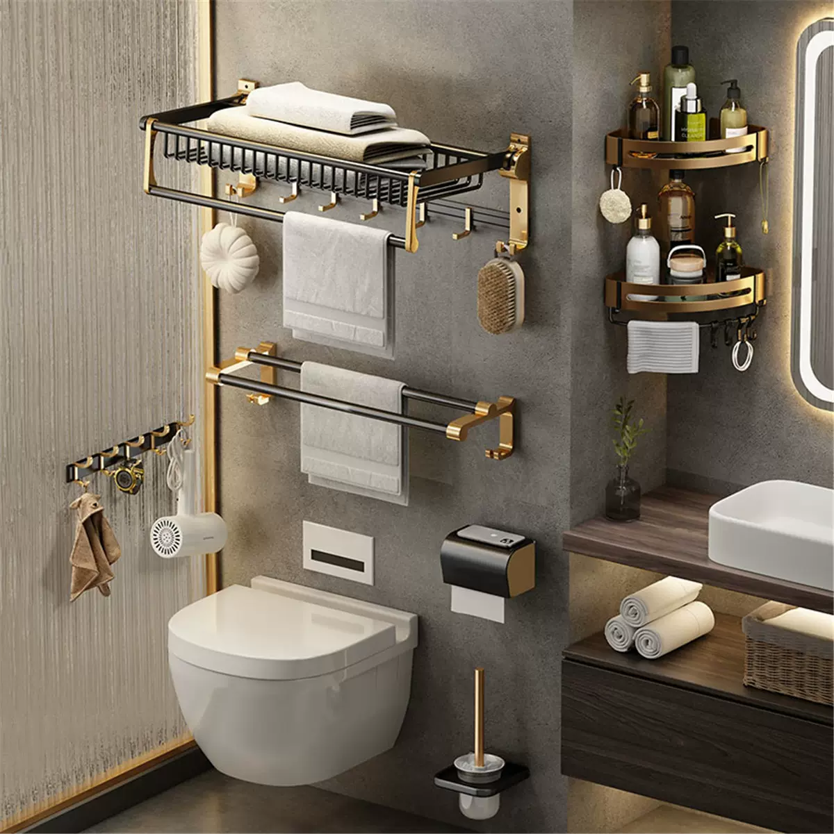 轻奢浴室毛巾架免打孔黑金卫生间置物架太空铝浴巾架套装厕所挂件