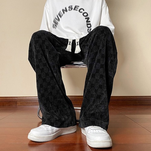 美式hiphop垂感裤子男小众设计感棋盘格阔腿裤加绒直筒灯芯绒男裤