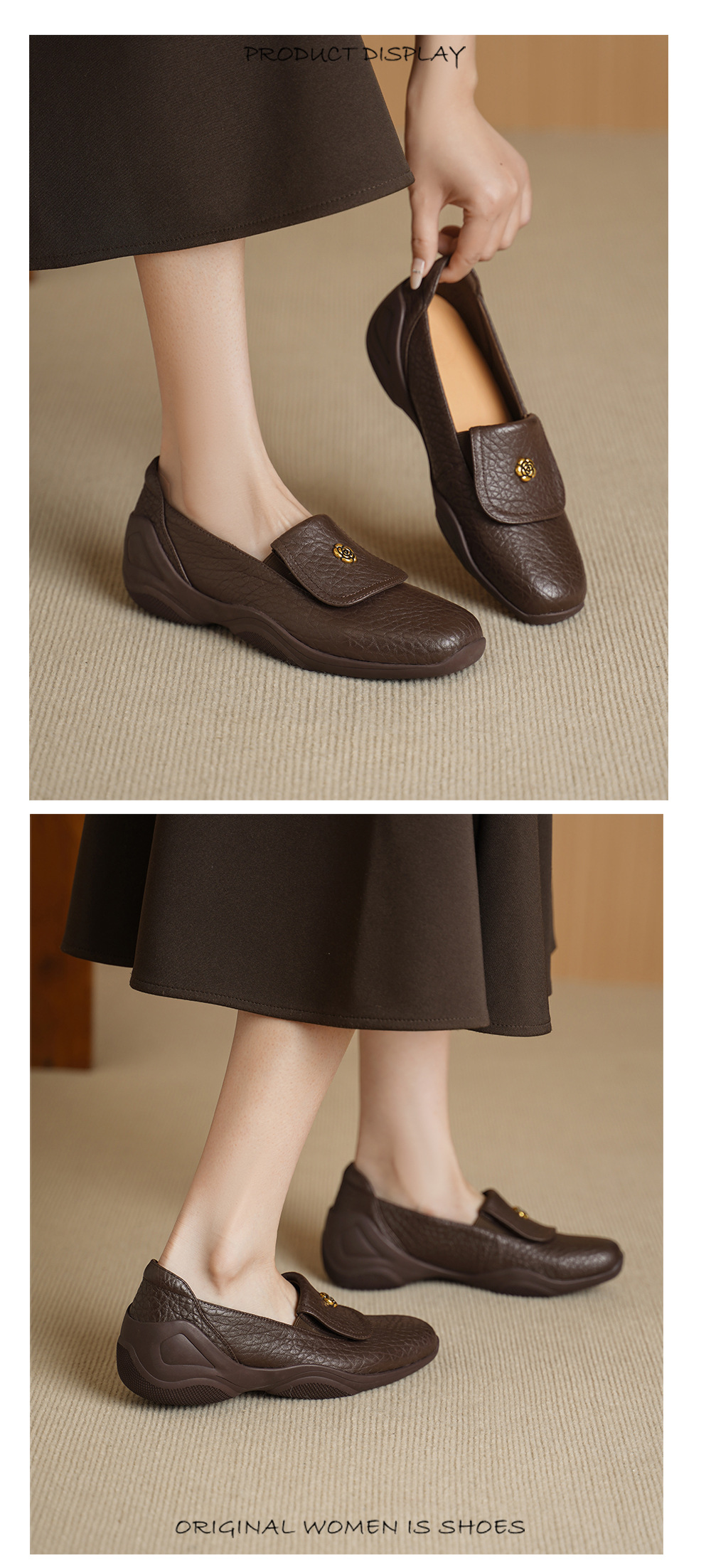 Giày loafer nữ da dê mũi tròn, gót thấp 3 cm, hoa nổi, phong cách cổ điển — màu nâu chi tiết 6