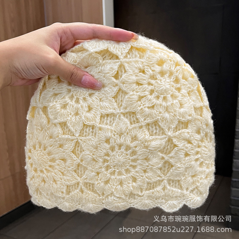 手工钩花双层加厚包头帽子女秋冬韩版百搭保暖针织时尚洋气毛线帽|undefined