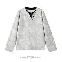 半拉链v领扎染假两件长袖t恤男秋季美式复古慵懒风卫衣内搭打底衫