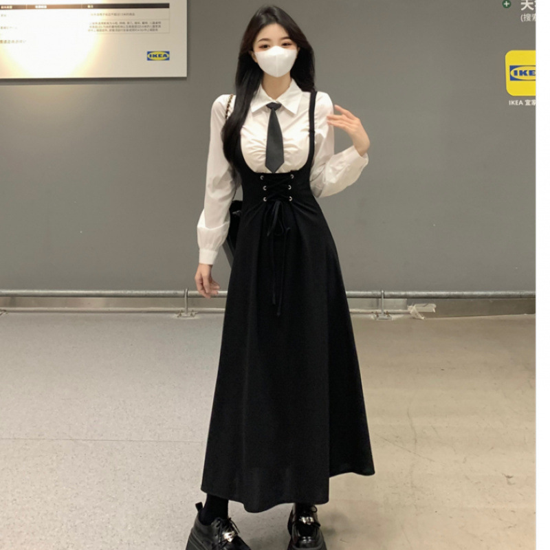 束腰绑带收腰显瘦背带裙套装大码女装高级感衬衫胖mm背带裙两件套|undefined