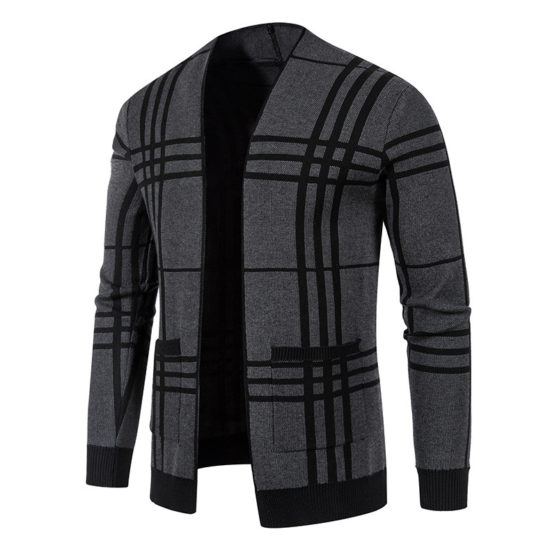Men's youth plaid jacquard sweater jacket knitted cardigan men's_voghion.com