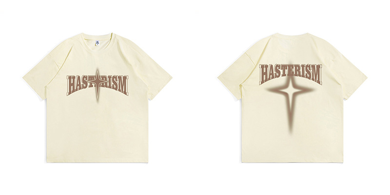 American High Street Fashion Brand T-shirt Men's Short Sleeve Star Print Loose Oversize Off Shoulder Cotton Round Neck_voghion.com