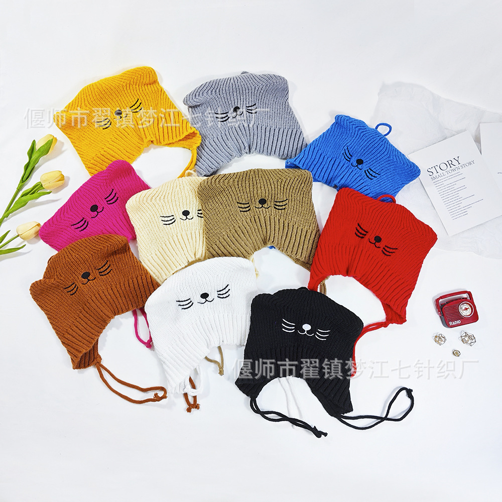 韓版可愛貓咪女童護耳綁帶針織帽兒童毛線帽包包套裝公主風保暖帽