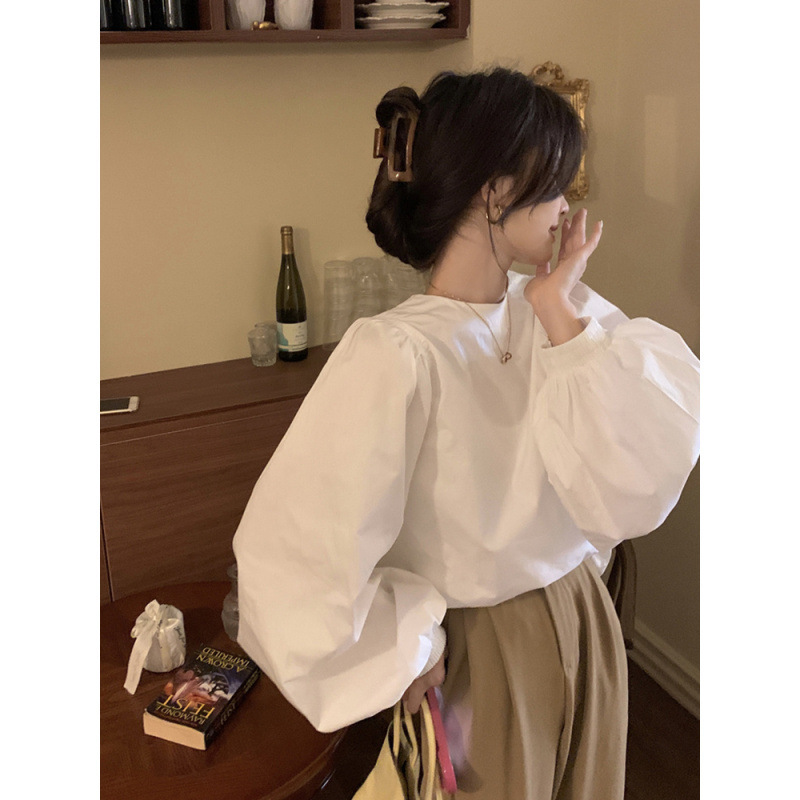 フレンチランタンパフスリーブ白シャツレディースニッチデザインルーズラウンドネックハイエンドシャツカジュアル韓国トップ|undefined