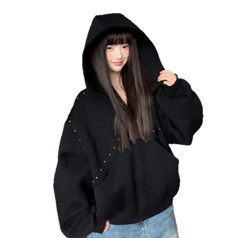 美式拼接铆钉杜宾犬耳朵连帽卫衣女款秋季甜酷设计休闲百搭短外套|undefined