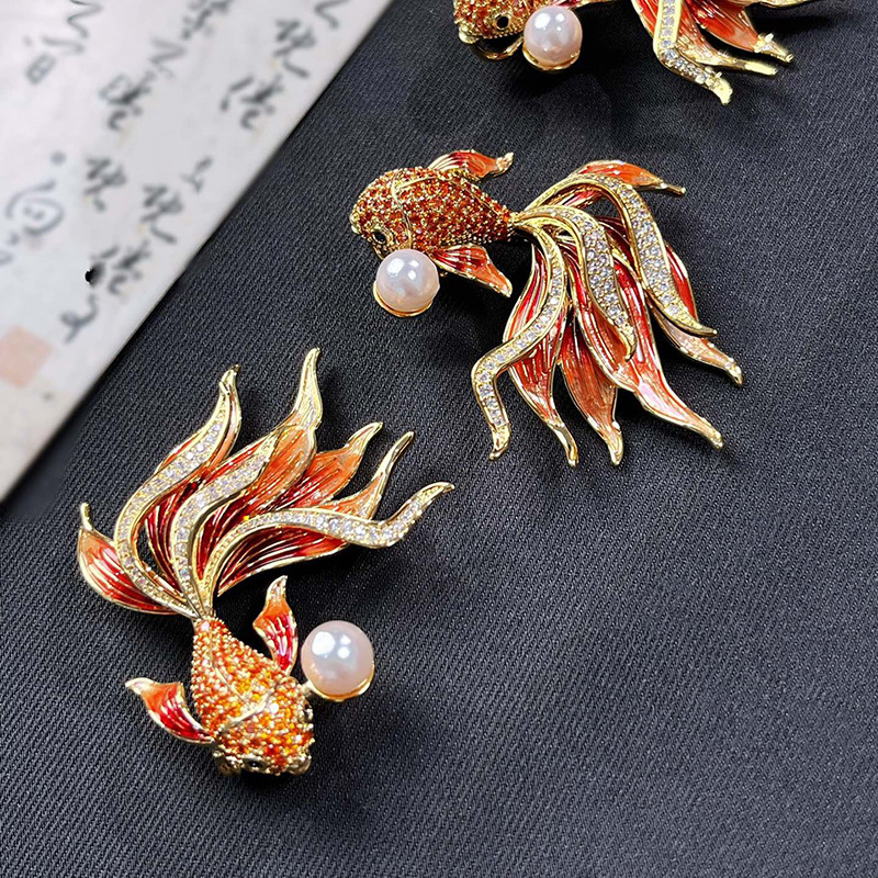 DIY accessories Chinese style koi goldfish brooch enamel copper gold-plated zircon pin pearl corsage empty holder