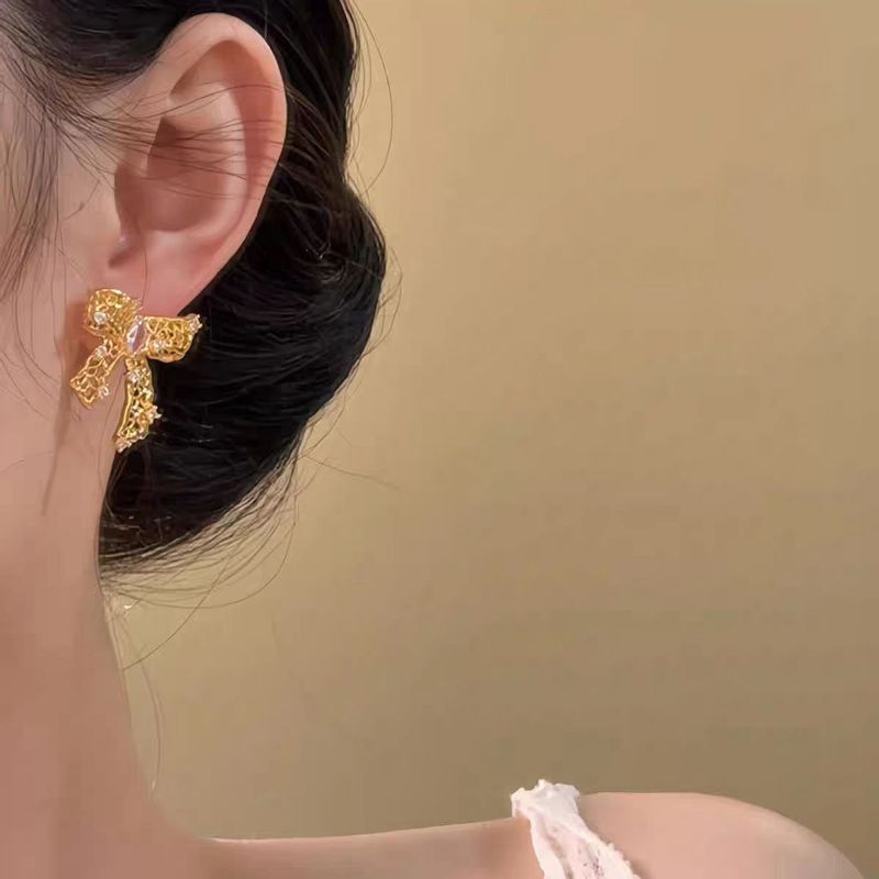 破晓鎏金~金色镂空蝴蝶结耳环女轻奢小众高级感耳钉独特漂亮耳饰|undefined