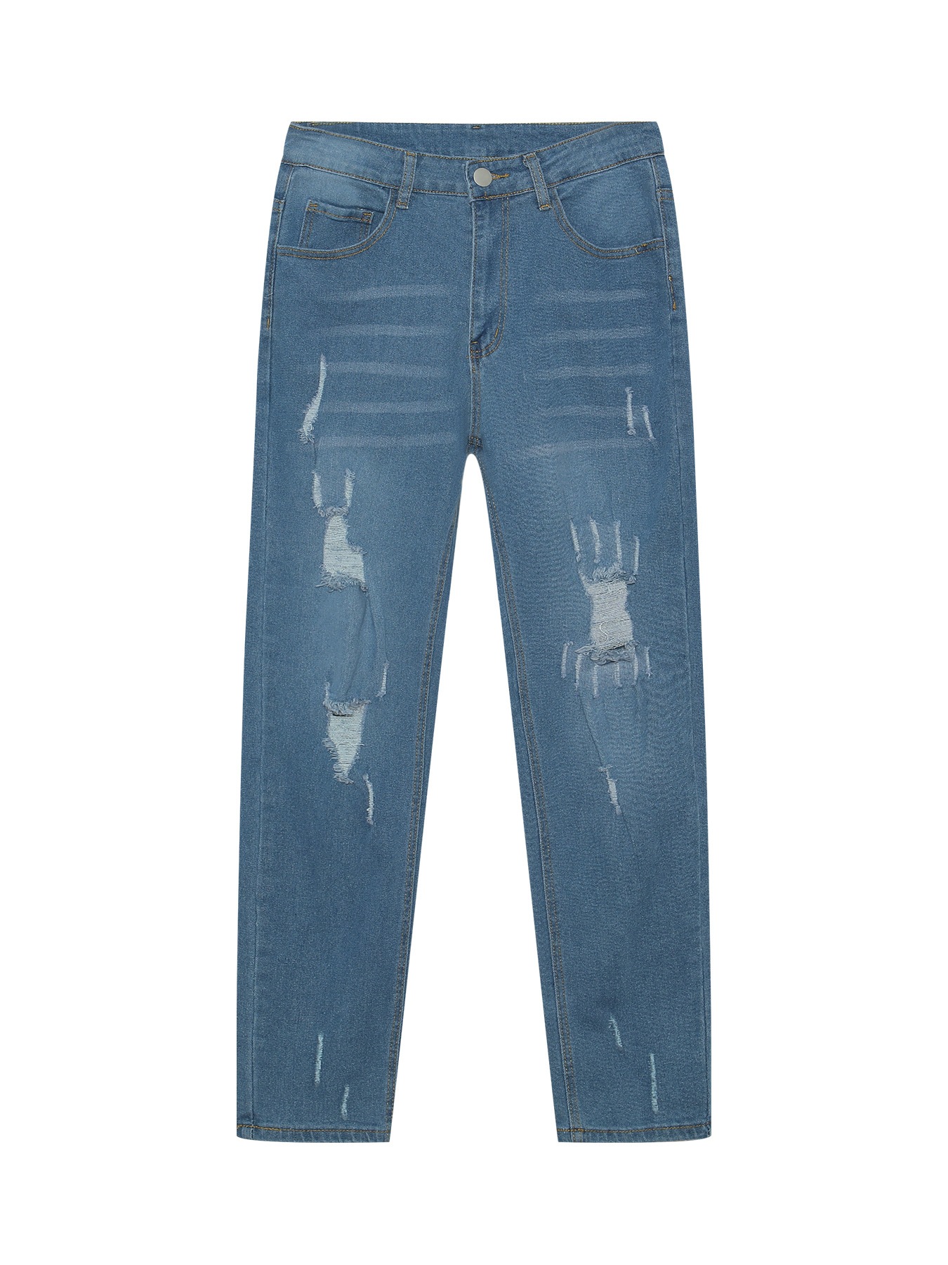 Vaqueros ajustados para jóvenes estadounidenses, pantalones de pie de tendencia para hombres, venta caliente transfronteriza, jeans ajustados rasgados de Amazon