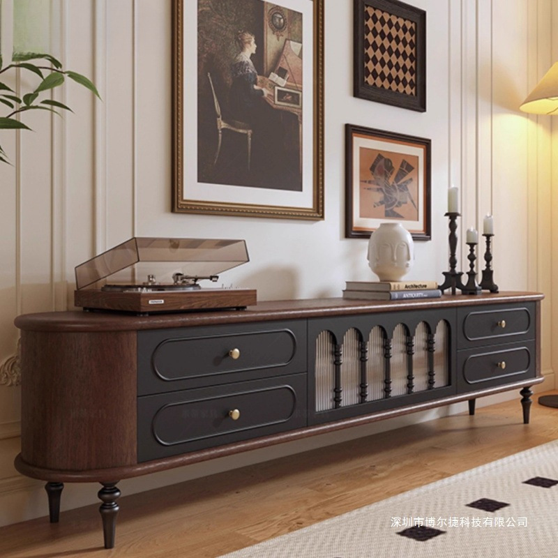 French Retro Solid Wood Tv Cabinet Walnut Black American Living Room Coffee Table Tv Cabinet Combination Floor-Standing Storage Cabinet