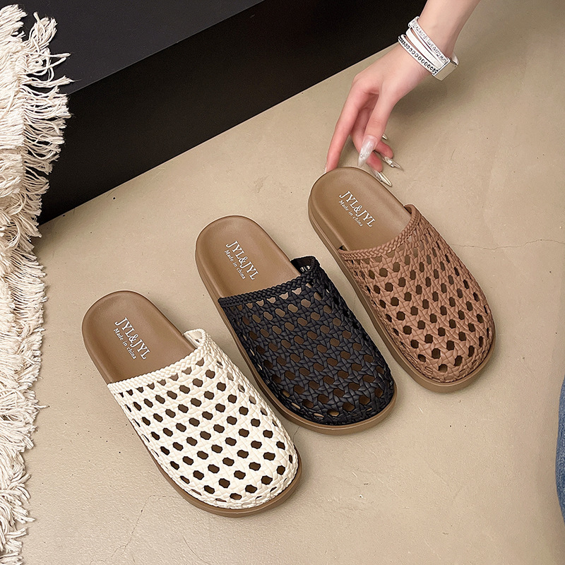 Open-Toe Half Slippers for Women, Outdoor Wear, 2026 New Model, Thick-Soled Woven Hollow Lazy Mules, Breathable Woven Design