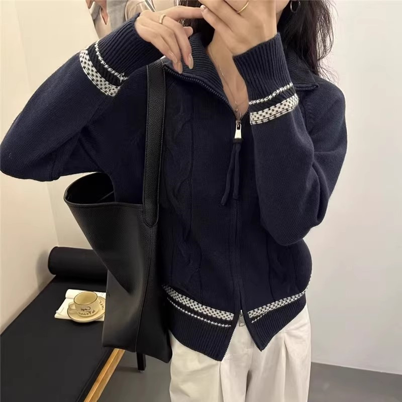 2025秋装新款设计感拉链拼色毛衣女翻领简约休闲针织开衫外套上衣|undefined