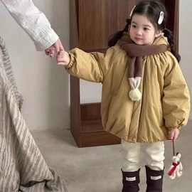 女童2025新款棉服加绒加厚连帽外套棉衣韩版宝宝防风大衣时尚休闲