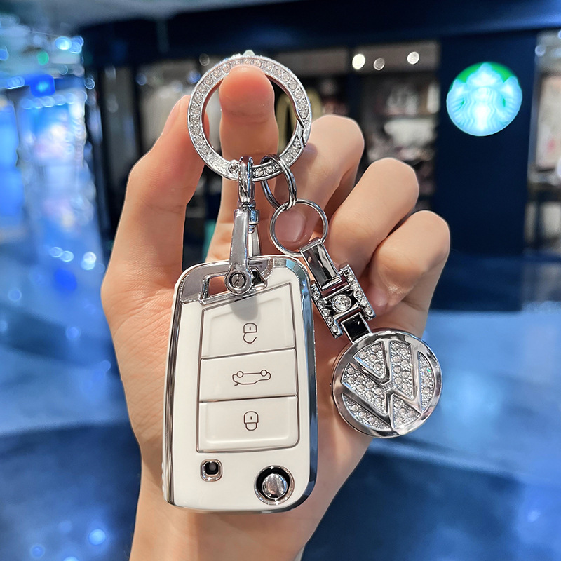 Чехол для ключа Volkswagen Huihuangda TPU белый с бриллиантовым кольцом