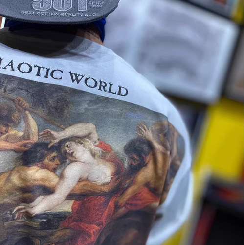 Printed Youth Loose Fit Chinese Trend Crew Neck 2025 Half Sleeve Base Shirt T American Direct Spray Retro Five Finger Sleeve