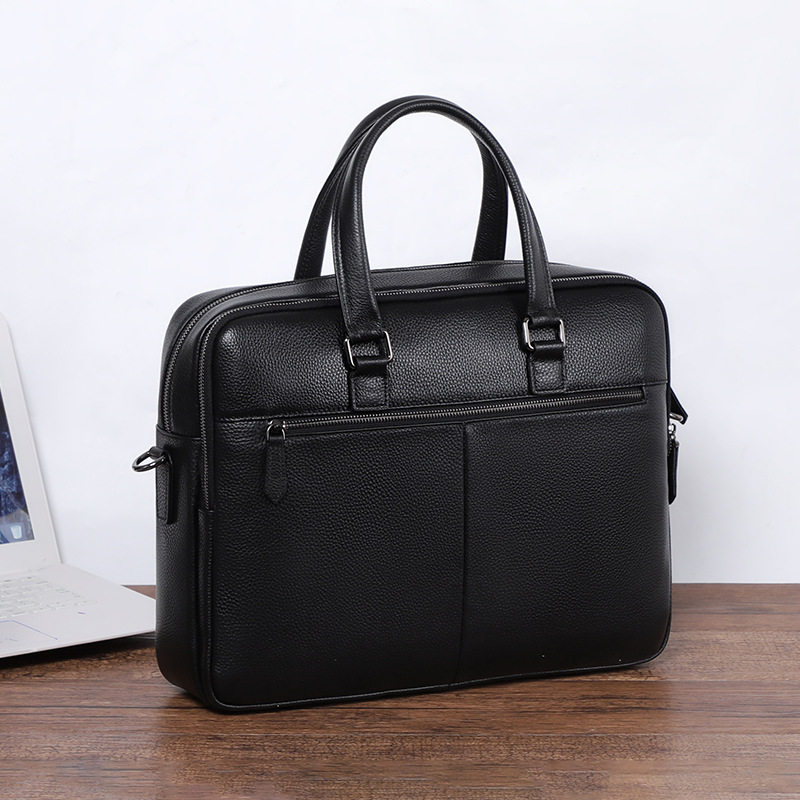 Túi xách tay nam da bò thật 39×10×29 cm có hai ngăn khóa kéo, đeo chéo một vai — Màu đen