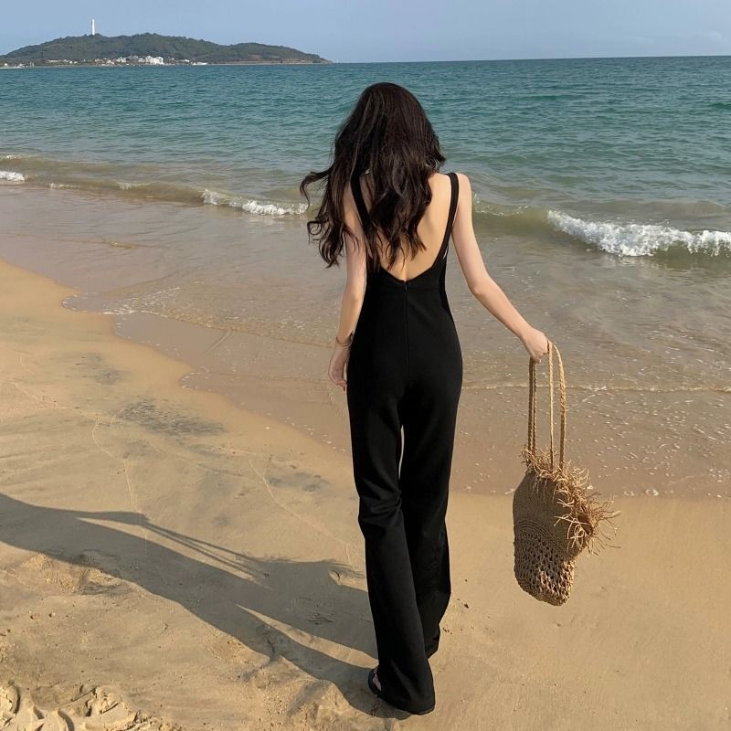 Black Elastic U-Neck Sleeveless Suspender Jumpsuit Set for Women, New Summer Style, High-End Feel, Backless Long Casual Pants