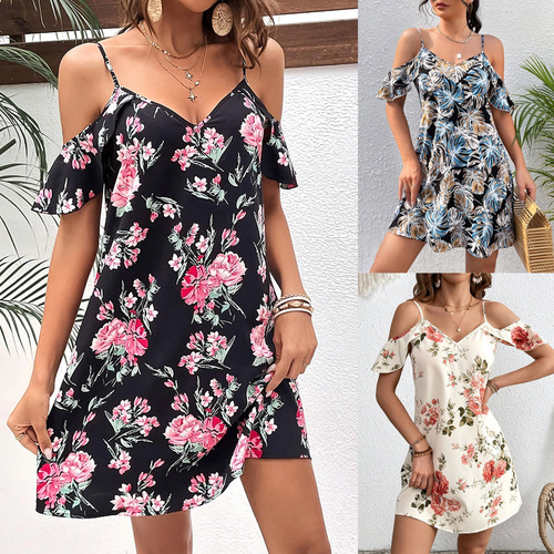 2025 European and American Printed V-Neck Sexy Strappy Floral Dress with Waist Cinching and Shoulder Exposure