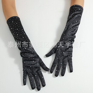 Satin Gloves for Brides, Wedding Dresses, Wedding Accessories, European and American Ball Party Gloves, Women's Rhinestone Black Gloves